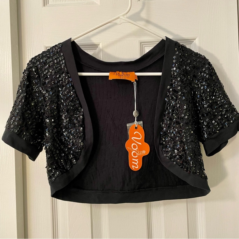 Voom Vava by Joy Hahn Black Sequin Shrug Jacket Sz 2 S